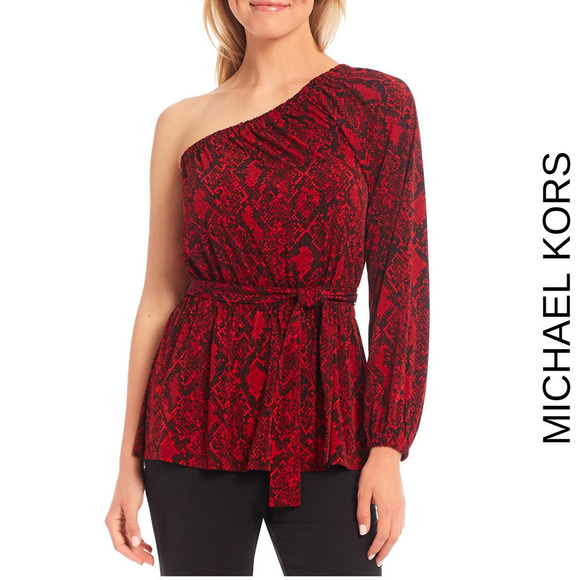 Michael Kors NWT One Shoulder Python Print Top Red and Black Medium - Picture 1 of 13